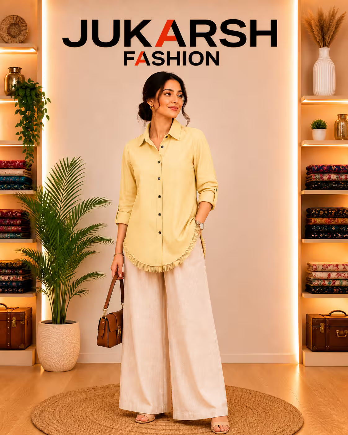 Woman wearing a yellow shirt and white pants in a stylish interior setting with 'Jukarsh Fashion' branding.