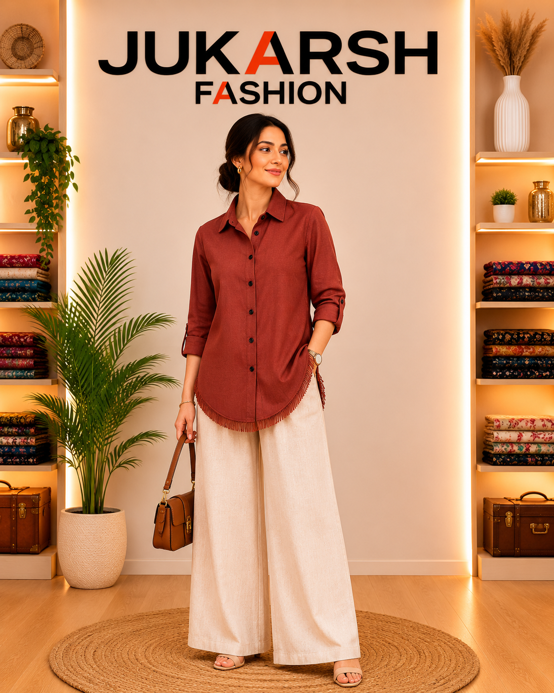 Woman in a rust-colored shirt and white pants standing in front of a 'Juk Arsh Fashion' branded wall.