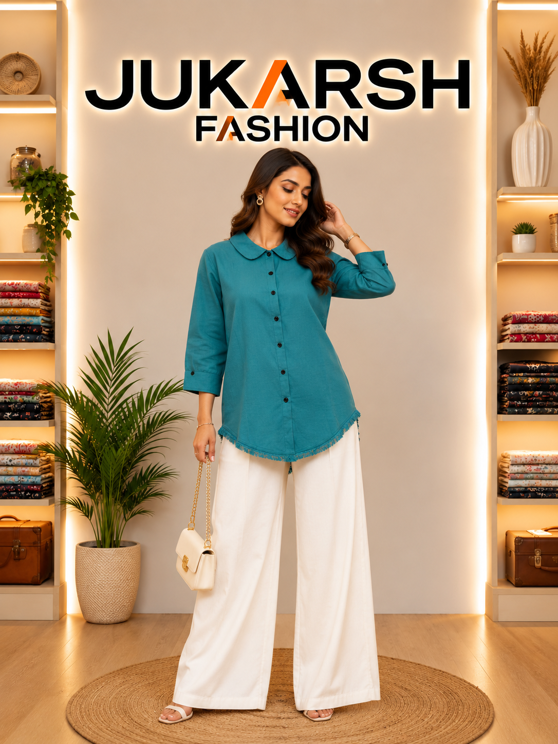 Woman wearing a blue shirt and white pants in a stylish interior setting with 'Jukarsh Fashion' branding.