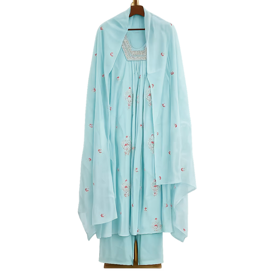 A light blue traditional outfit displayed on a hanger against a plain white background. The set includes a long outer layer with small red floral embroidery, a matching inner dress with a silver embroidered neckline, and matching light blue pants.