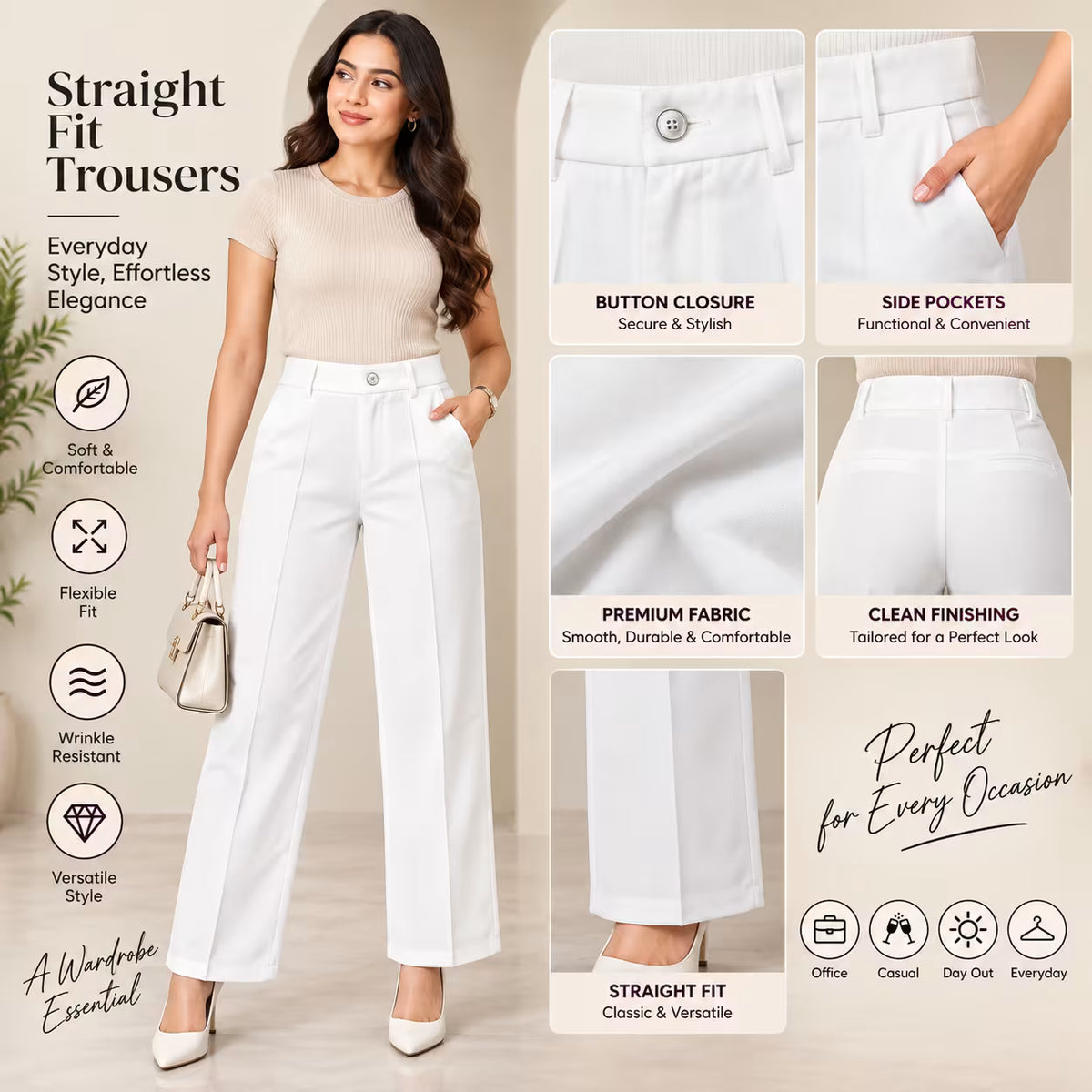 A promotional graphic for straight-fit trousers featuring a model wearing white tailored pants, alongside close-up feature callouts showing button closure, side pockets, fabric texture, clean finishing, and fit details. Text highlights everyday style, comfort, versatility, and suitability for office, casual, and outdoor use.