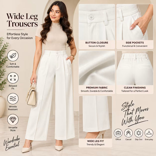 A promotional graphic for wide-leg trousers featuring a model wearing white tailored trousers, alongside close-up inset details of the pants' construction and fabric. The layout includes text callouts highlighting features such as button closure, side pockets, premium fabric, and clean finishing.