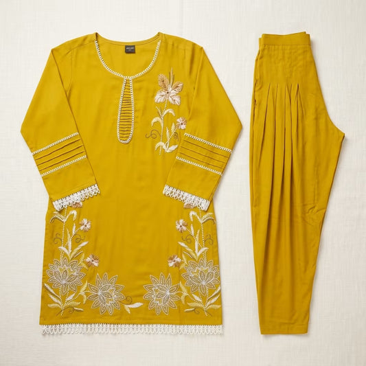 Women's Mustard Embroidered Kurta Pant Co-Ord Set