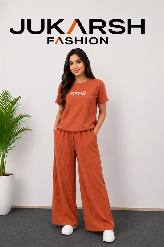 Women's Ribbed Co-Ord Set | Half Sleeve Top & Wide Leg Pants