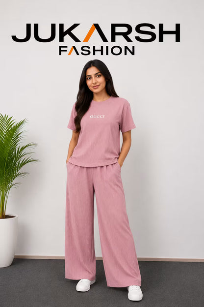 Ribbed pink Co-Ord Set for Girls Wear, Perfect Airport Coord Set for Stylish Travel