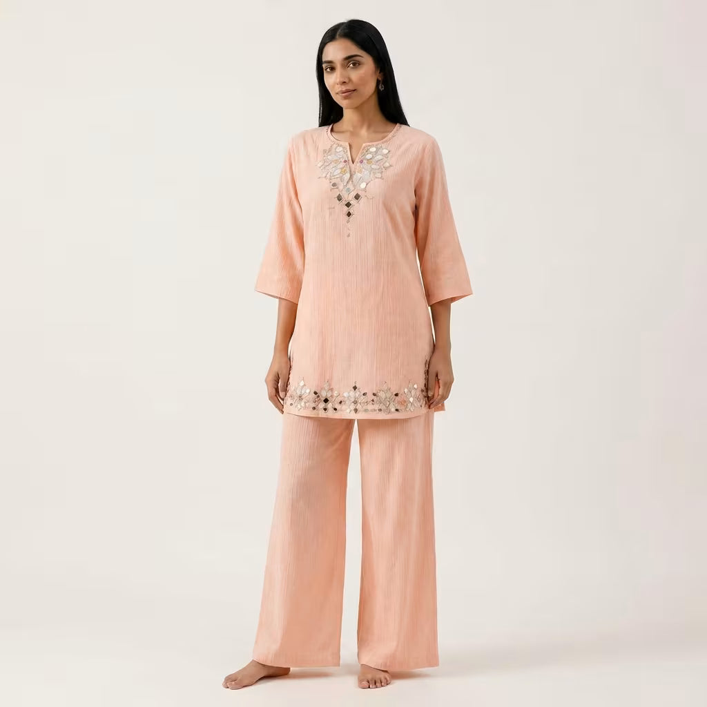 Elegant Peach Mirror Work Co-Ord Set