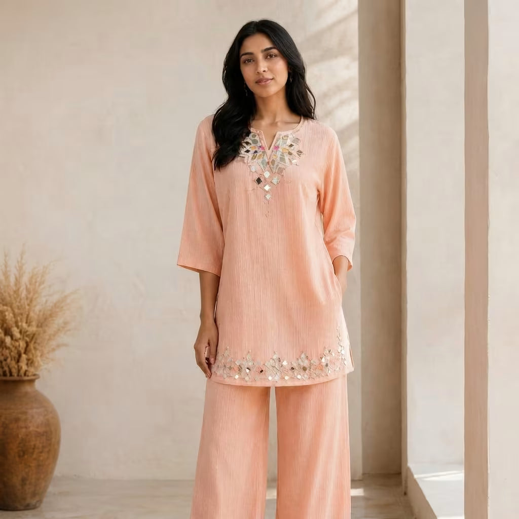 Elegant Peach Mirror Work Co-Ord Set