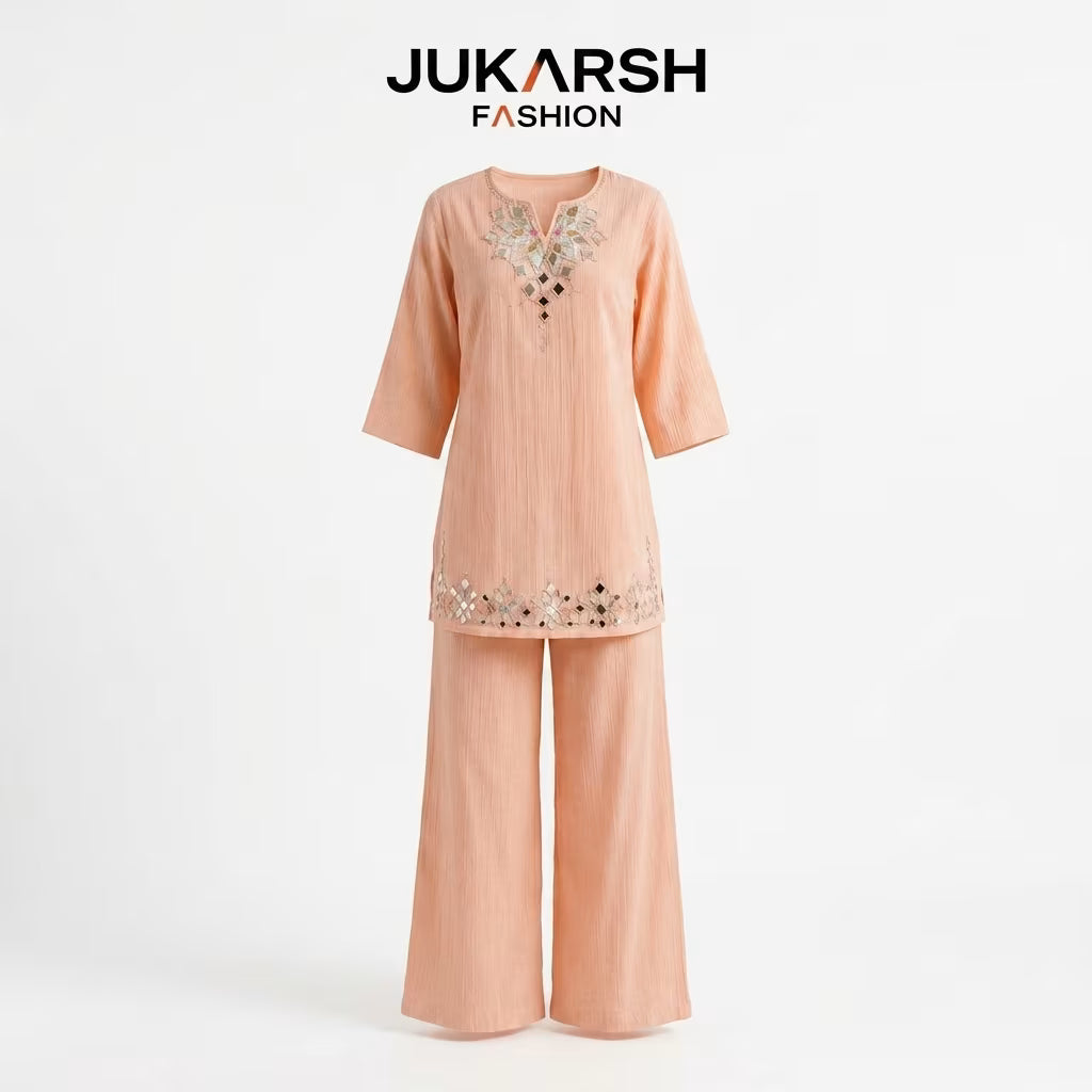 Elegant Peach Mirror Work Co-Ord Set