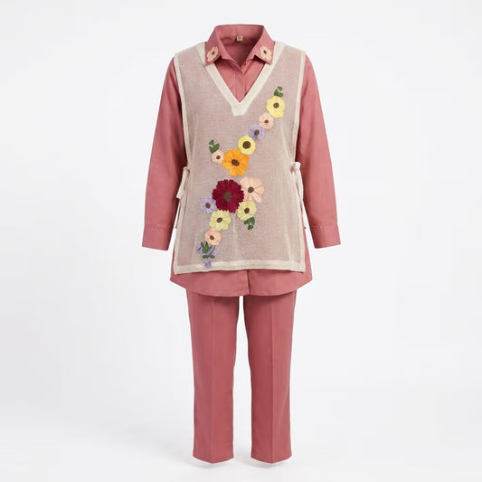 Women's Dusty Rose 3-Piece Co-Ord Set with Floral Appliqué Mesh Shrug