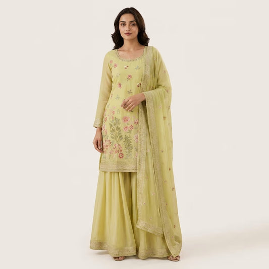 Yellow Embroidered Chinon Palazzo Salwar Kameez Set with Dupatta for Women
