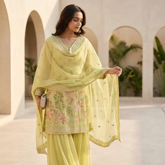 Yellow Embroidered Chinon Palazzo Salwar Kameez Set with Dupatta for Women