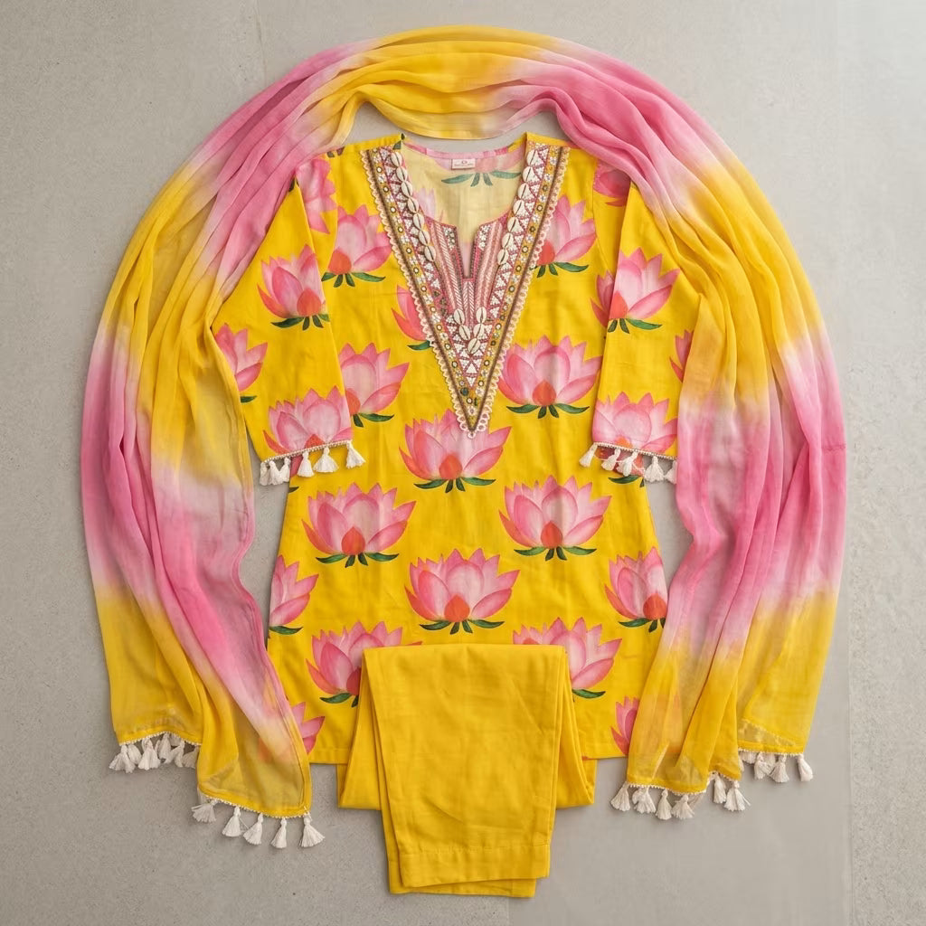 Women's Yellow Floral Printed Embroidered Kurta Set with Dupatta
