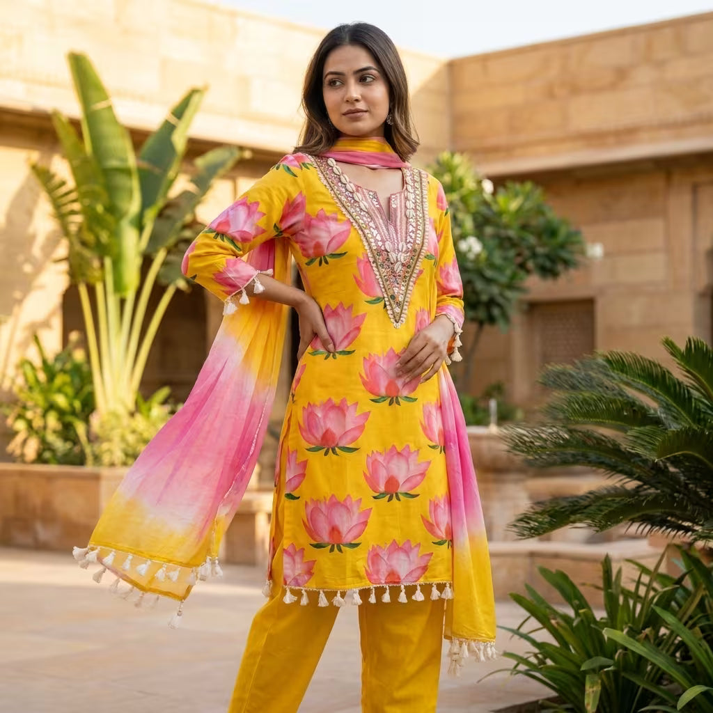 Women's Yellow Floral Printed Embroidered Kurta Set with Dupatta