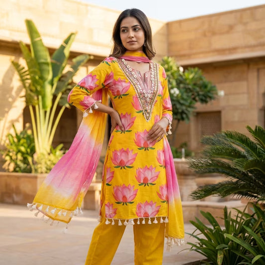 Women's Yellow Floral Printed Embroidered Kurta Set with Dupatta
