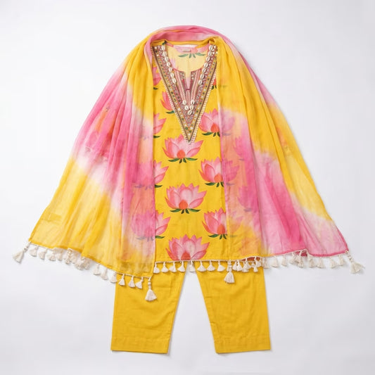 Women's Yellow Floral Printed Embroidered Kurta Set with Dupatta