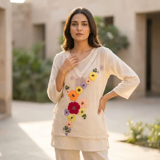Women's Floral Embroidered 3-Piece Co-Ord Set – Off White