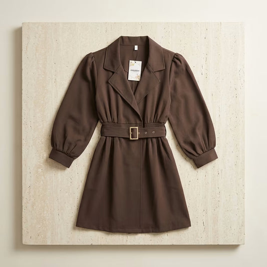 Women’s Belted Trench Style Long Coat Dress