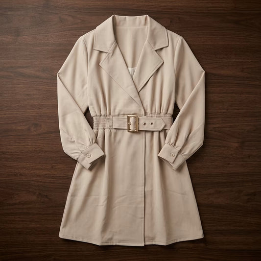 Women’s Belted Trench Style Long Coat Dress