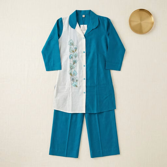 White & Blue Embroidered Color-Blocked Organza Kurta Set with Trouser & Dupatta