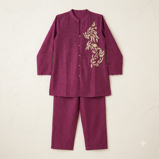 Plum Wine Embroidered Co-ord Set | Mandarin Collar Kurta & Straight Pants