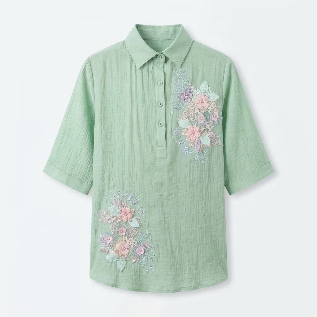 Women's Floral Embroidered Collared Cotton Blend Shirt Top