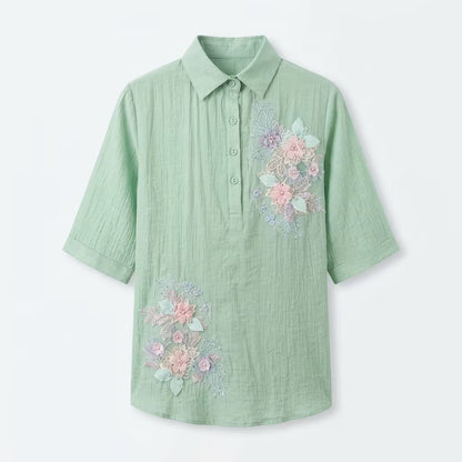 Women's Floral Embroidered Collared Cotton Blend Shirt Top