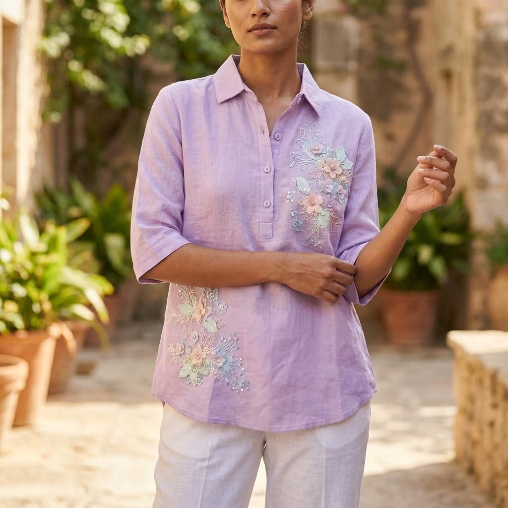 Women's Floral Embroidered Collared Cotton Blend Shirt Top