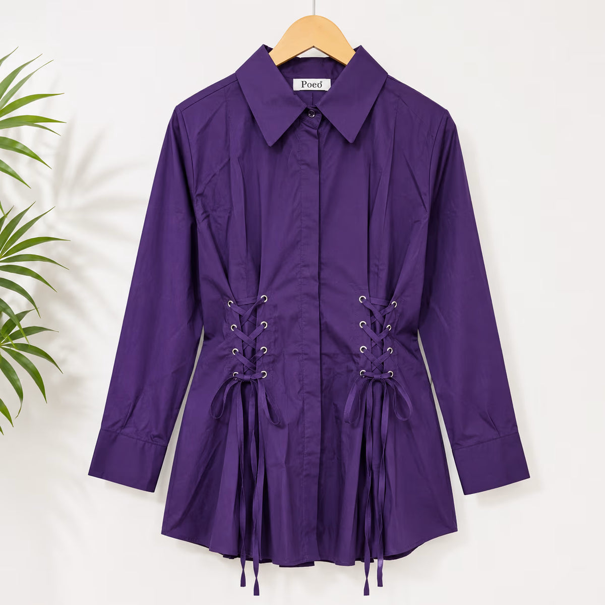 Women's Purple Corset Waist Shirt Dress | Long Sleeve Designer Top
