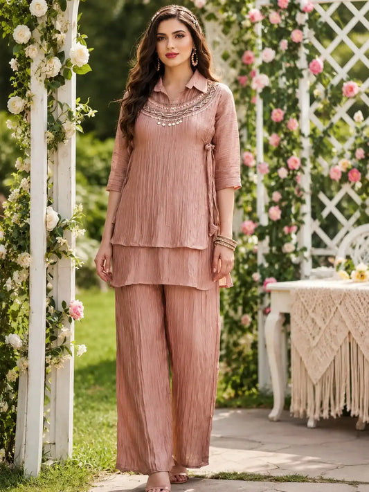 Olive Green Pleated Co-Ord Set for Women | Embellished Tunic & Wide-Leg Trousers