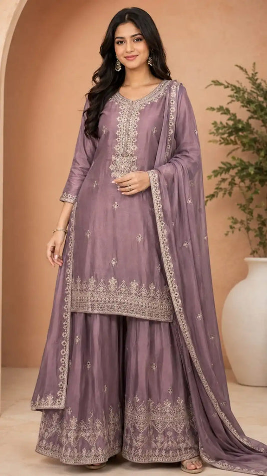 Mauve Fendi Silk Sharara Suit with Silver Zari Embroidery & Dupatta for Women