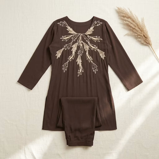 Women's Brown Embroidered Kurta Pant Set | Premium Ethnic Co-Ord Set