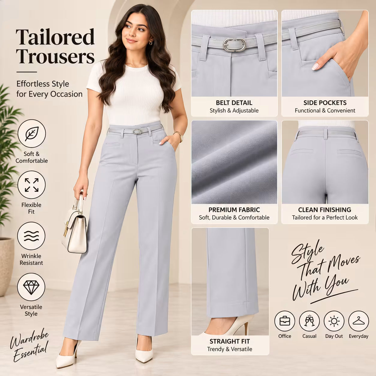 A promotional graphic for tailored trousers featuring a woman modeling light gray straight-leg pants alongside close-up detail panels showing the belt, side pockets, fabric texture, and back pockets. Text highlights features like soft comfort, flexible fit, wrinkle resistance, and versatile styling.