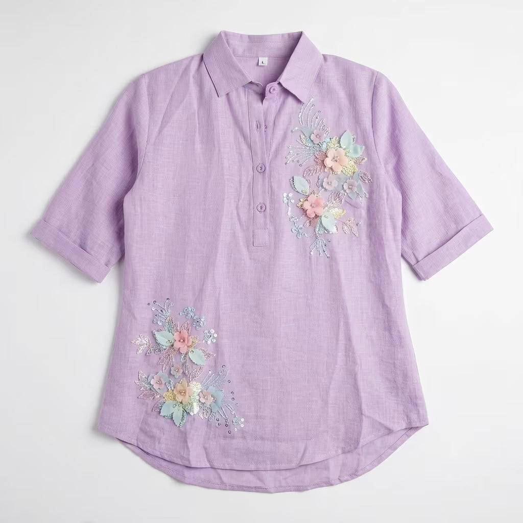 Women's Floral Embroidered Collared Cotton Blend Shirt Top