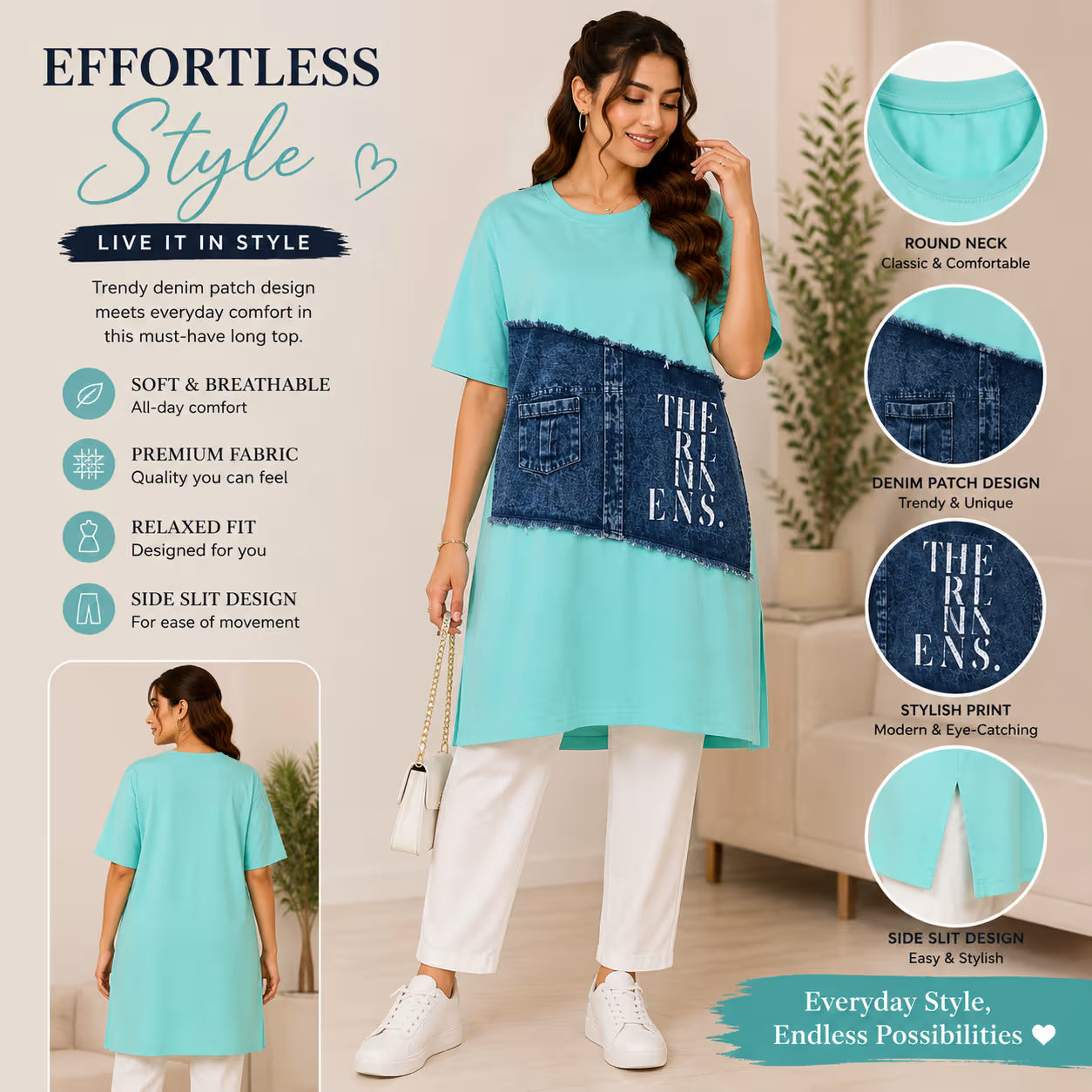 A woman modeling a turquoise and dark blue denim patchwork tunic top with white pants and white sneakers, shown in a styled indoor setting with feature callouts and close-up detail circles on the right.
