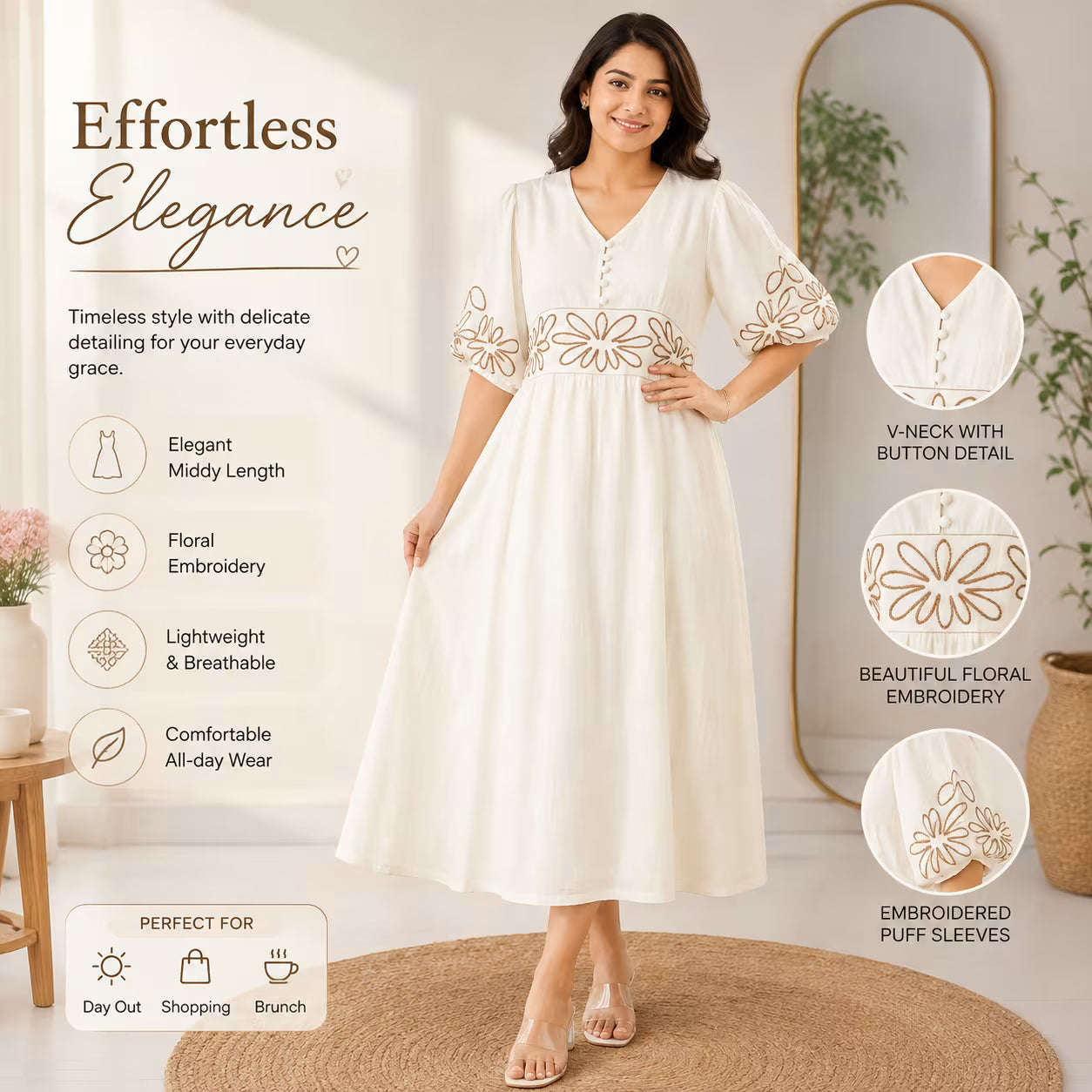 Jukarsh Fashion Women's  Floral Embroidered Midi Dress