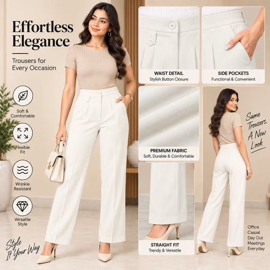 A promotional graphic for white tailored trousers featuring a model wearing the pants, with four inset detail panels showing waist detail, side pockets, fabric texture, and straight-fit styling. Text on the image highlights comfort, fit, and versatility.