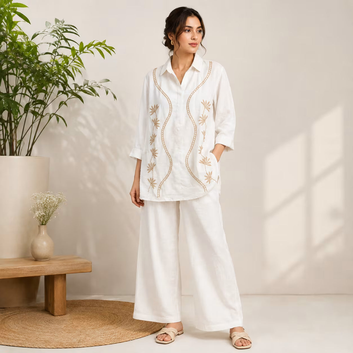 A woman stands in a bright, minimalist room wearing a white two-piece outfit consisting of a long-sleeve button-up shirt and wide-leg pants. The shirt features decorative gold and beige embroidered leaf patterns along the front.