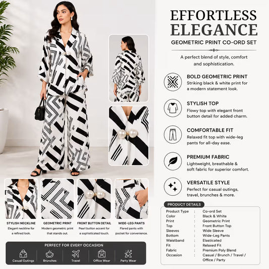 A promotional catalog page for a women's co-ord set featuring a bold black and white geometric print. The page includes a main photo of a model wearing the set, three detail close-ups of the print and fabric, and a product details table.
