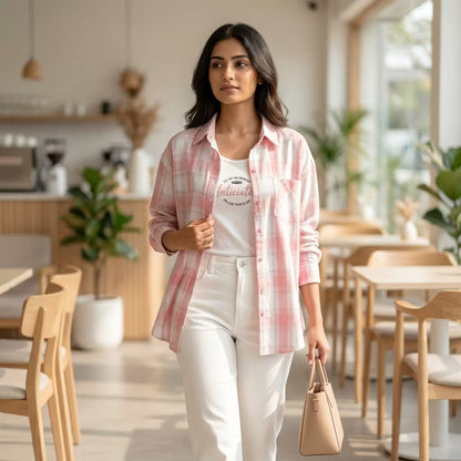 Women's Pink Checked Overshirt with Printed Inner Top Co-Ord Set