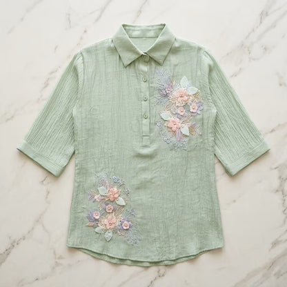 Women's Floral Embroidered Collared Cotton Blend Shirt Top