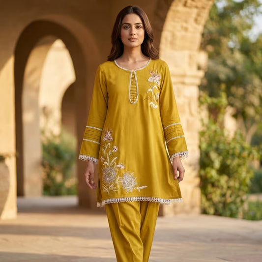 Women's Mustard Embroidered Kurta Pant Co-Ord Set